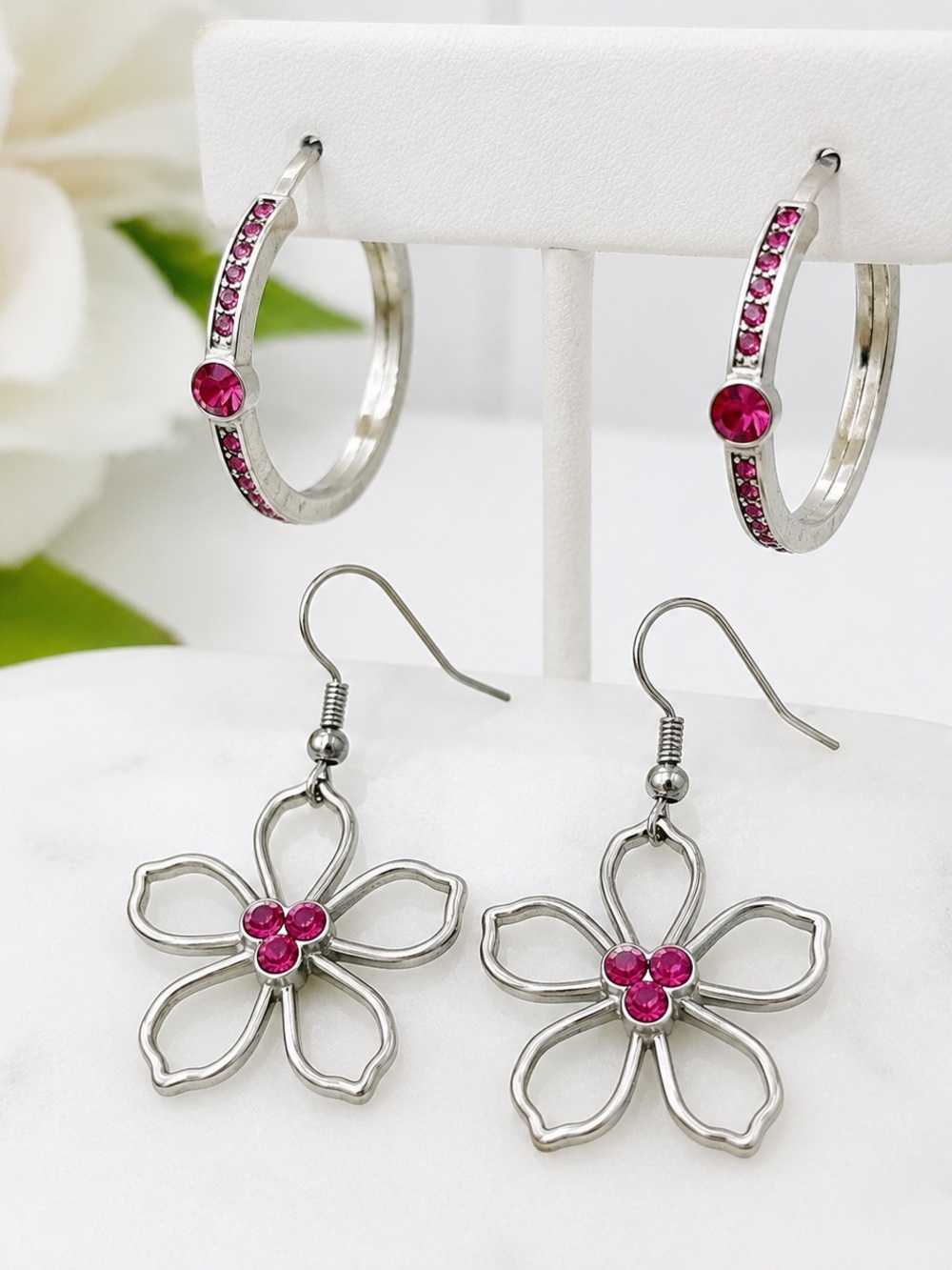 2 Pair Silver Tone Pink Rhinestone Hoop & Floral Earrings Bundle